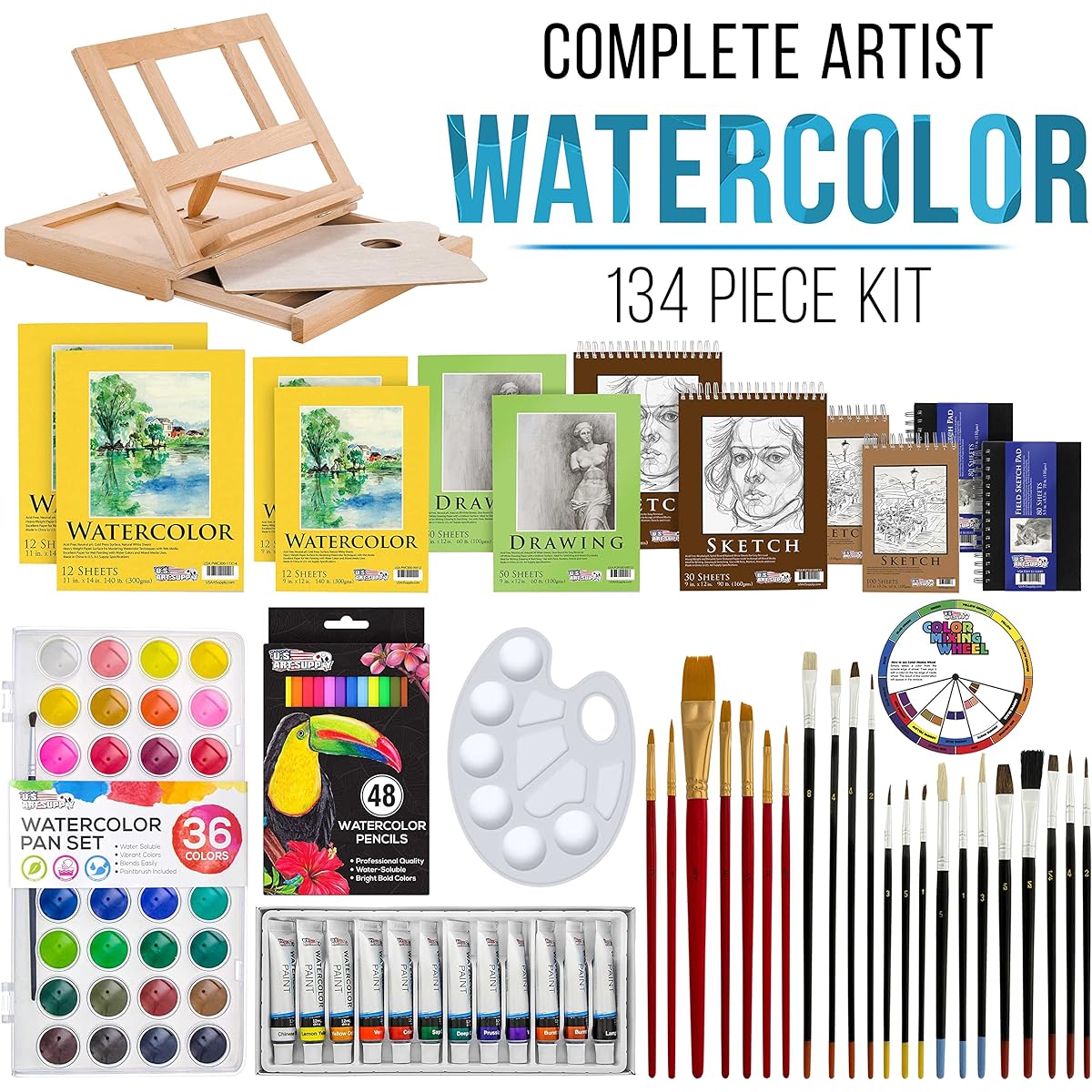Wells, Wooden Pallete, 36-Piece Premium Watercolour Pencil Set, 45-Piece Artist Pencil & Watercolor Cake Set, 9x12 Drawing Paper Pad, 9x12 & 5.5x8.5 Spiral Sketch Paper Pads, 5.5x8.5 Hardbound Sketchbook & Now Includes a FREE Color Wheel by US Art Supply