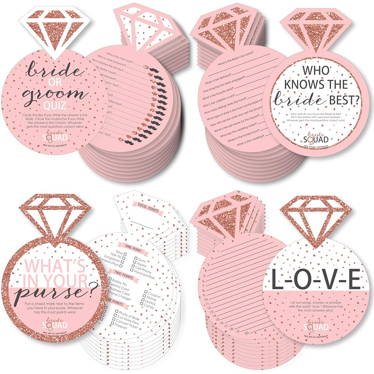 Big Dot of Happiness Bride Squad - Rose Gold Bridal Shower or Bachelorette Party Game - 10 Cards - Who Knows The Bride Best, Bride or Groom Quiz, What's in Your Purse and Love Gamerific Bundle