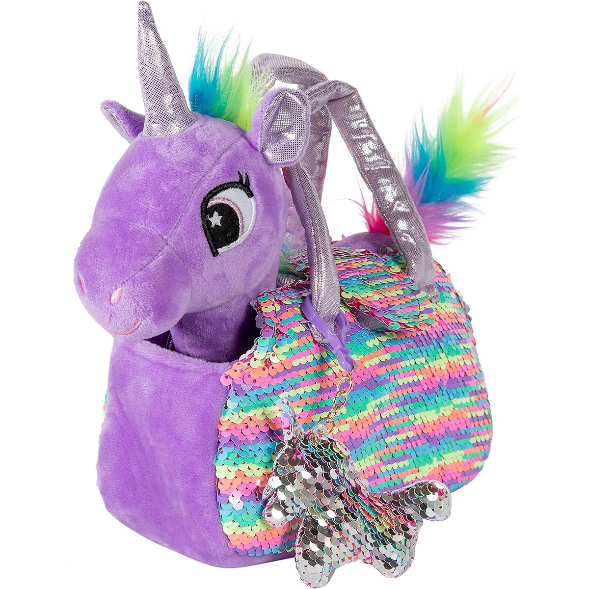 Little Jupiter Stuffed Animal Pet Set Unicorn Toy Unicorn Gifts for Girls Stuffed Animals for Kids Unicorn Plush Toy with Reversible Sequins & Charms (Purple Rainbow Unicorn) Ages 4-5-6-7