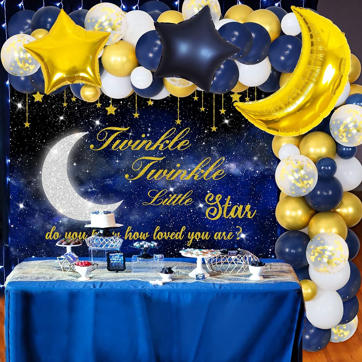 Twinkle Twinkle Little Star Baby Shower Decorations Boys Navy Blue & Gold Balloon Garland Kit Star & Moon Foil Balloons Twinkle Twinkle Little Star Backdrop Supplies