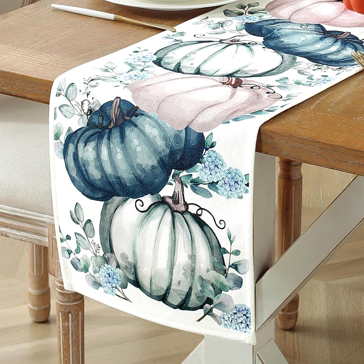 AILUOQI Pumpkin Eucalyptus Leaves Fall Table Runner Autumn Thanksgiving Kitchen Dining Table Decor for Indoor Outdoor Party