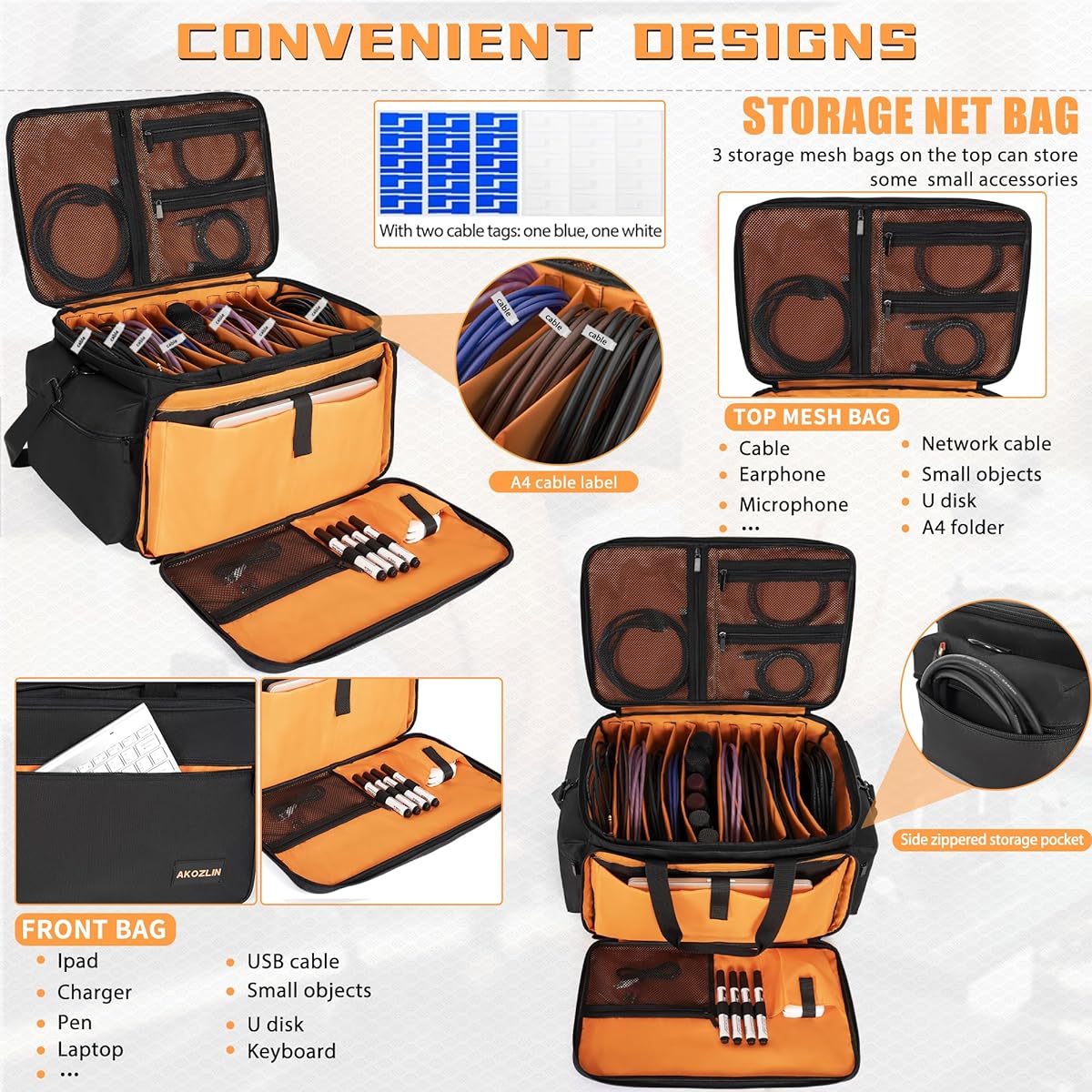 AKOZLIN Cable File Bag with Removable Dividers DJ Gig Bag Cord Organizer Case for Laptop/DJ Gear/Sound Instrument/Music Equipment Accessories Black Orange