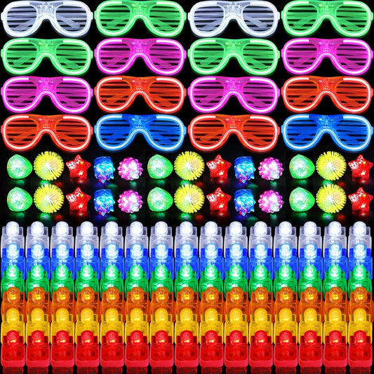201pcs LED Light Up Party Toys, Glow in the Dark Party Favors, 150pcs LED Finger Lights, 36pcs LED Flashing Bumpy Rings, 15pcs Flashing Glasses, for Adults, Teens, Birthdays, Neon Party Favors