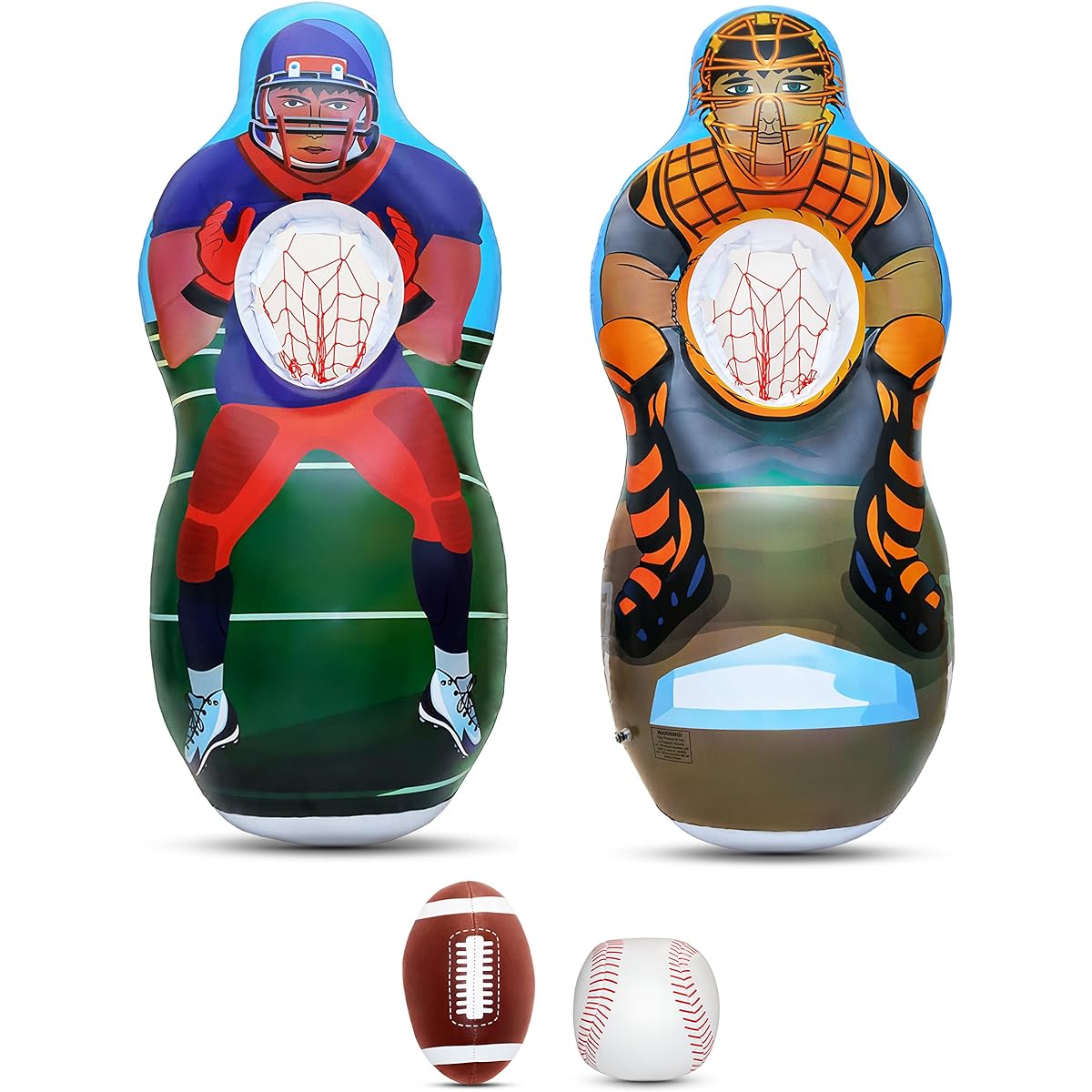 Inflatable Two Sided Football & Baseball Target Set - Includes One Inflatable 1.5m Tall Target (Football Player on one side and Baseball Catcher on 2nd Side), a Soft Mini Football and Mini Baseball