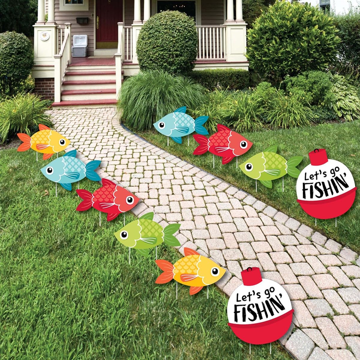 Big Dot of Happiness Let's Go Fishing - Bobber Lawn Decor - Outdoor Fish Themed Birthday Party or Baby Shower Yard Decor - 10 Pieces