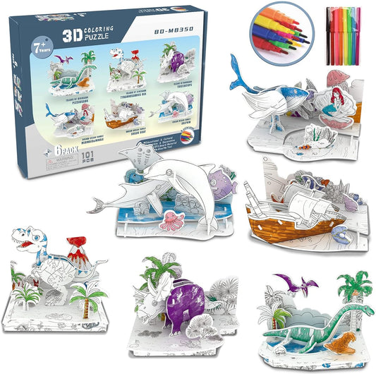 3D Coloring Puzzle Art Creative DIY Puzzle Kit 6 Pack Dinosaur and Sea Theme DIY Handwriting/Coloring Toy with 8 Colored Pens Craft Gift for Boys Girls Ages 7+