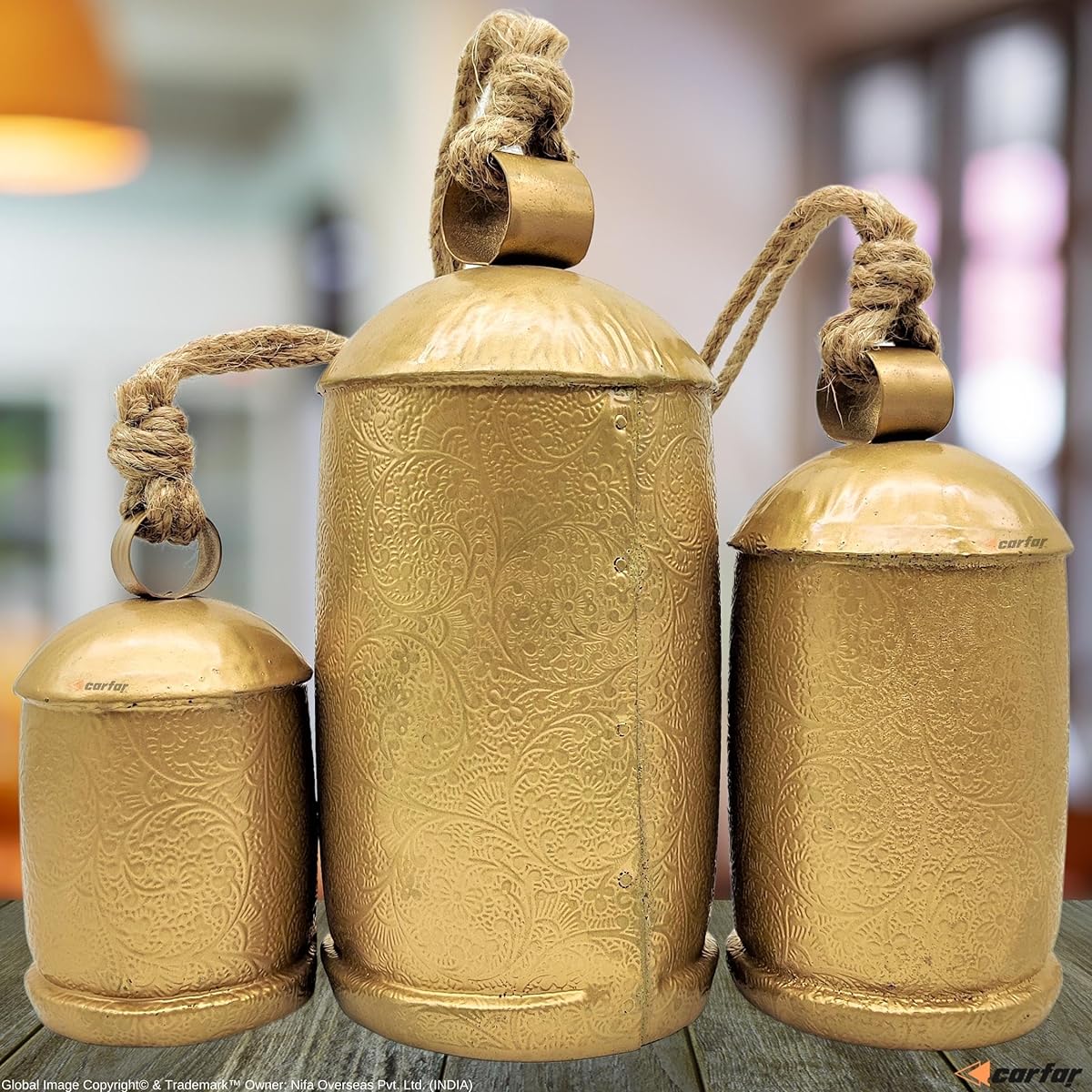 Carfar Set of 3 Etched Flora Style Large Bell Handmade Metal Harmony Christmas Hanging Cowbell Complete Set