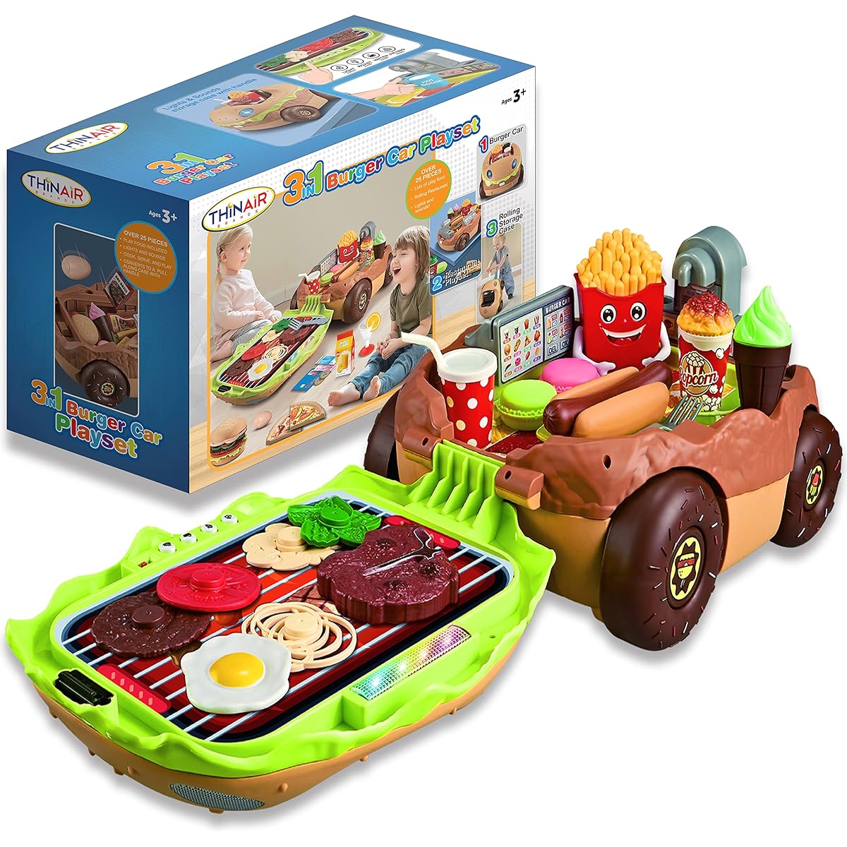Nature Bound Burger Car Kids Kitchen Playset: 3 pretend play toys in 1 with fun lights and sounds - burger shaped toy car, toy food, toy grill and toy restaurant/food truck for kids ages 3 and up.