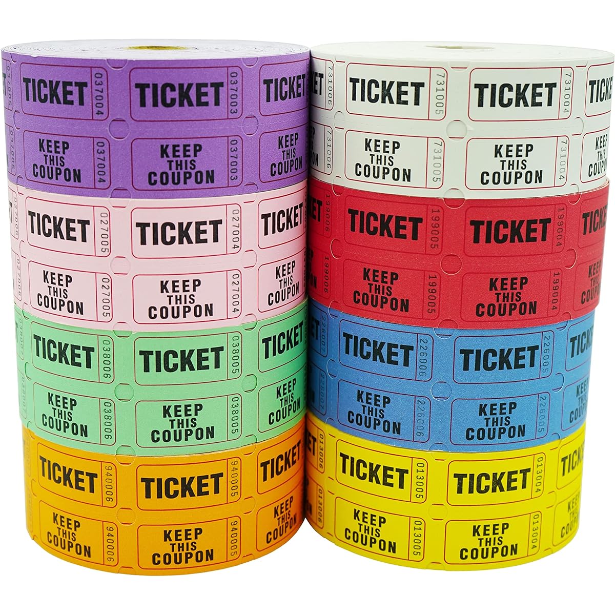 DNB 1000 2 x 2 inch 50/50 Double Roll Raffle Tickets, Consecutively Numbered Tickets, 1000 per Roll, Purple