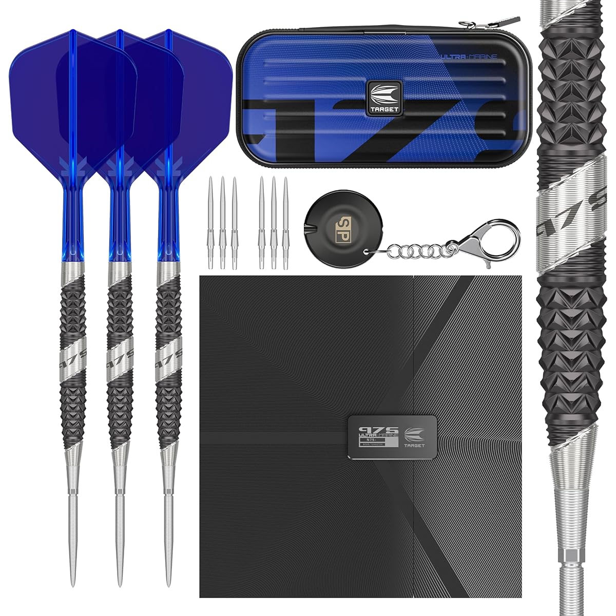 Target Darts 975 Ultramarine 03 24G Tungsten 97.5% Swiss Point Steel Tip Dart Set with K-Flex