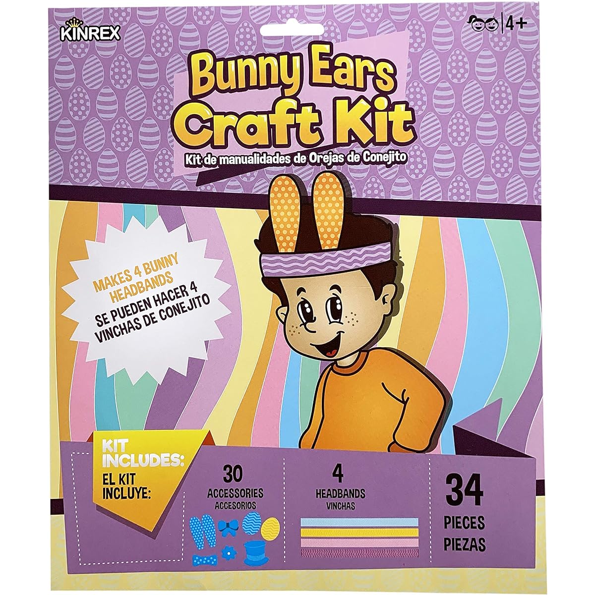 KINREX Easter Day Craft Kit - Paper Bunny Ear Crafts for Kids - 4 Bunny Headbands - 34 Pieces