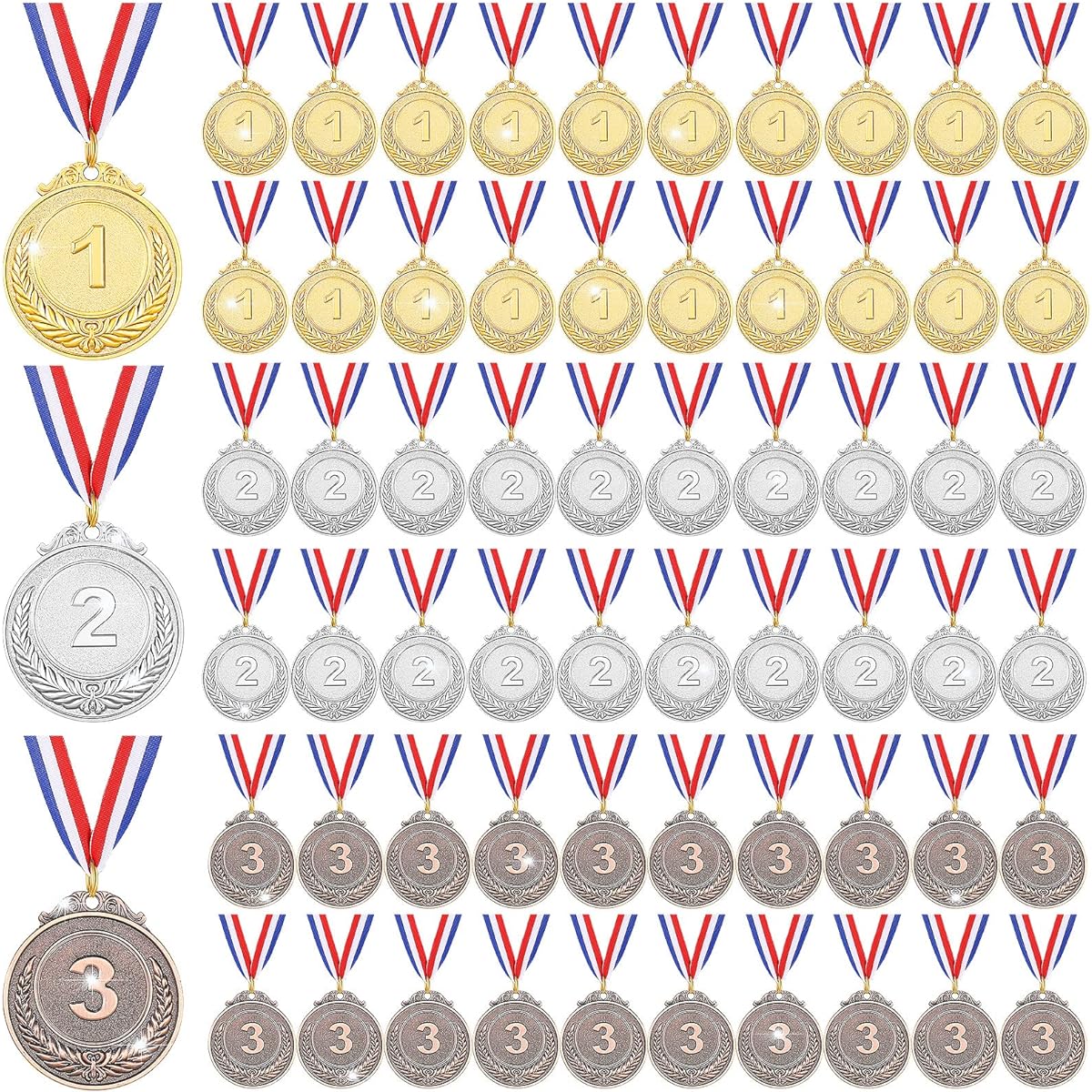 63 Pieces Gold Silver Bronze Award Medals Metal Winner Medals with Neck Ribbon 1st 2nd 3rd Place Medals for Kids Adults Competition Sports Spelling Bee Olympic Style 2 Inch
