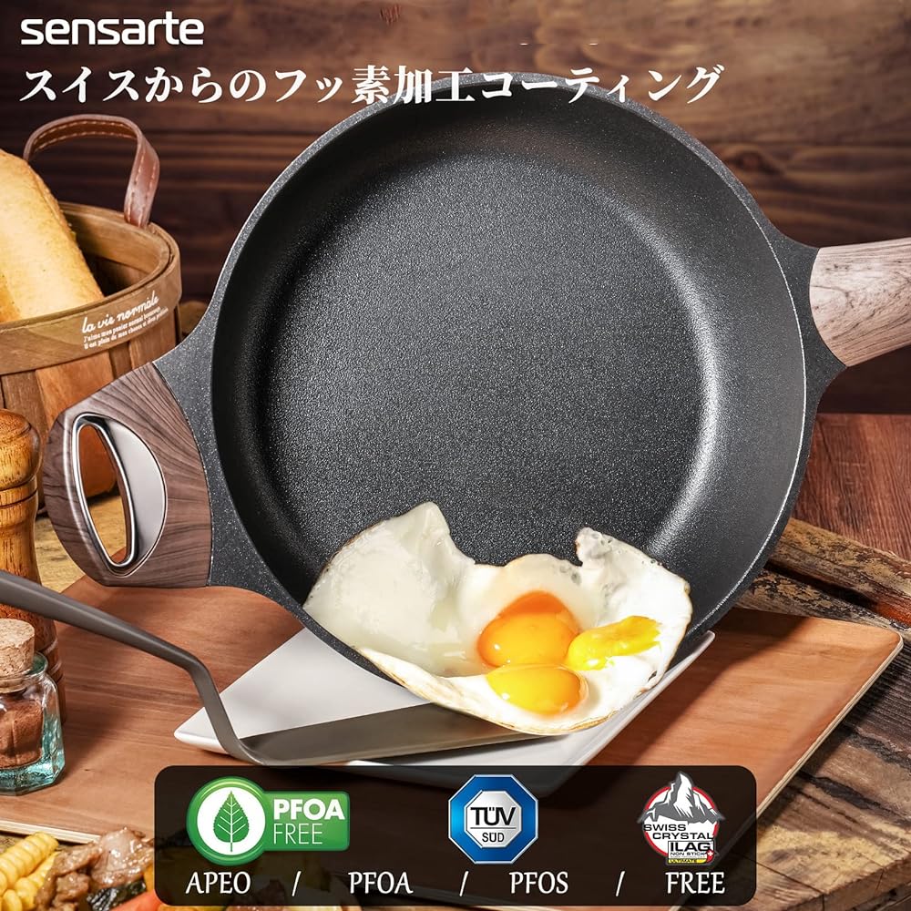 SENSARTE Frying Pan, Deep Stir-Fry Pot, 30 cm, IH Compatible, Compatible with Gas Fire, Compatible with All Heat Sources, Includes Lid, Non-Stick, 5 Layer Structure, Wok, Easy to Clean, Non-Stick Processing, Non-Stick High Heat Efficiency