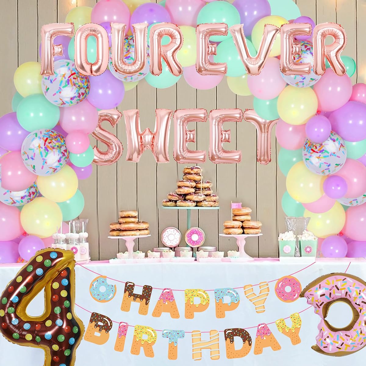 Four Ever Sweet Birthday Decorations for Girls, Donuts 4th Birthday Party Decorations Donut Birthday Balloon Arch Happy Birthday Banner for 4 Year Olds