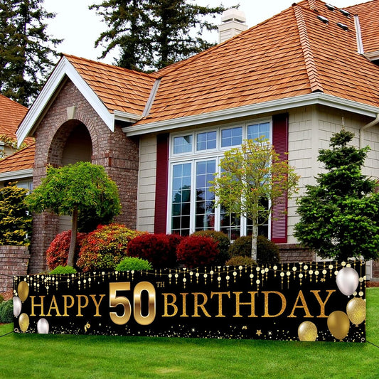 50th Birthday Decorations Yard Banner Happy 50th Birthday Decorations for Men Women Black Gold 50th Birthday Party Sign Backdrop Decoration Outdoor Indoor Fabric Sturdy Vicycaty