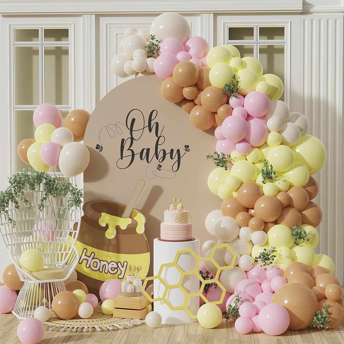 Pastel Pink Yellow Balloon Garland Arch Kit 142 Pieces Macaron Pink Yellow White Sand Latex Balloon Pooh Bear Baby Shower Balloon Girls Birthday Party Decoration