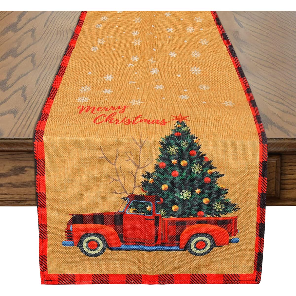 BUSOHA Christmas Table Runner Red Truck Christmas Tree Merry Christmas Table Runner 13x70inch for Christmas/Holiday/Party/Table/Home Decoration