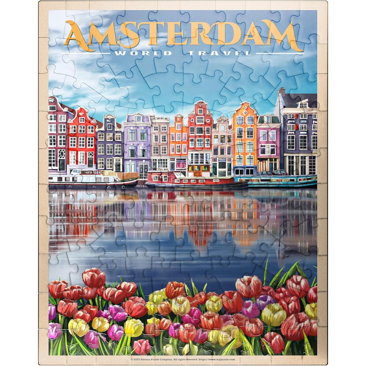 MyPuzzle Amsterdam, Netherlands - Canal City Vintage Travel Poster - Premium 100 Piece Jigsaw Puzzle for Adults