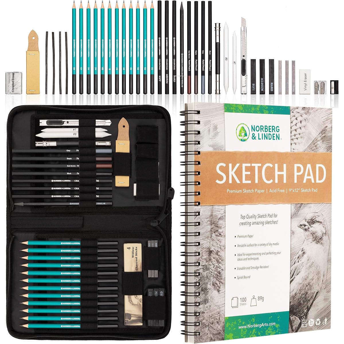 Professional Extra Large Painting and Sketching Set with Charcoal Pencils, 100 Page Sketchbook, Kneaded Eraser, Drawing Pencils, Art Supplies Set for Kids and Adults