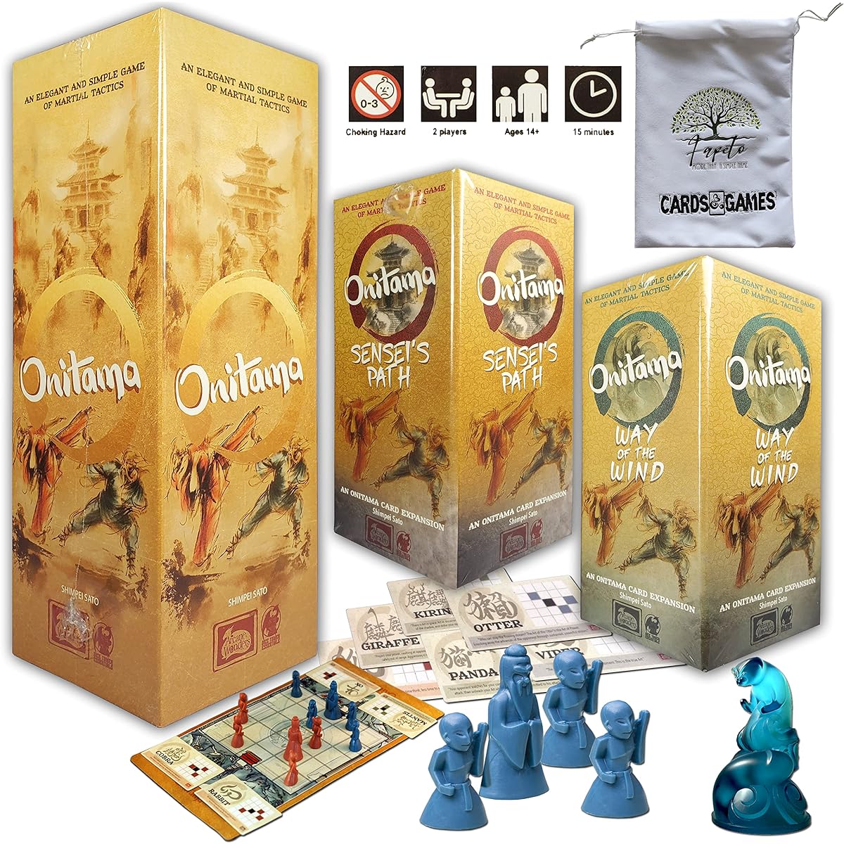 ONITAMA Martial Tactics Game Board Game ONITAMA Base Bundle with Expansion Functions Sensei's Path Wind's Path Random Color Drawstring Bag