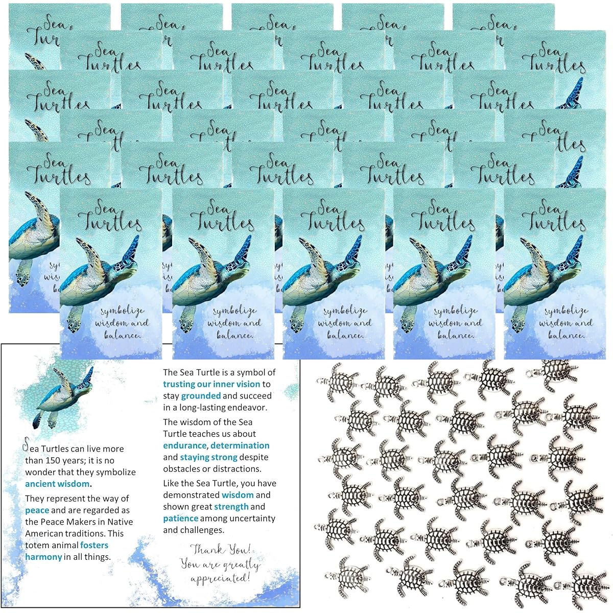 Smiling Wisdom - Bulk 30 - Appreciation Gift Set - Sea Turtle Gifts - Greeting Cards with Wisdom and Perseverance Messages - Employees, Students, Caregivers, Hospice, Volunteers - Antique Silver Turtles