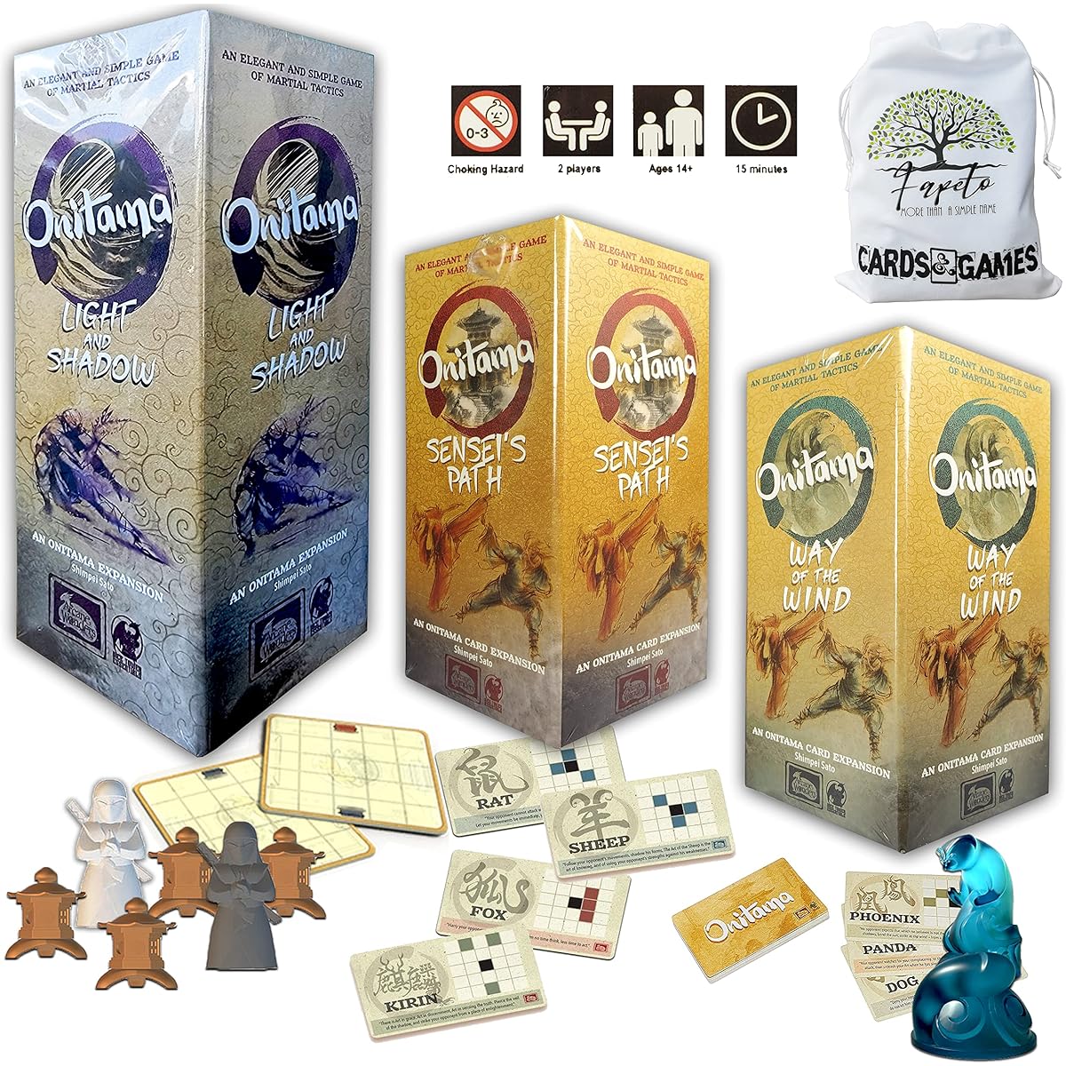 Martial Tactics Only Expansion (Light and Shadow, Teacher's Path and Wind Direction) ONITAMA Game Board Set with Random Color Drawstring Bag