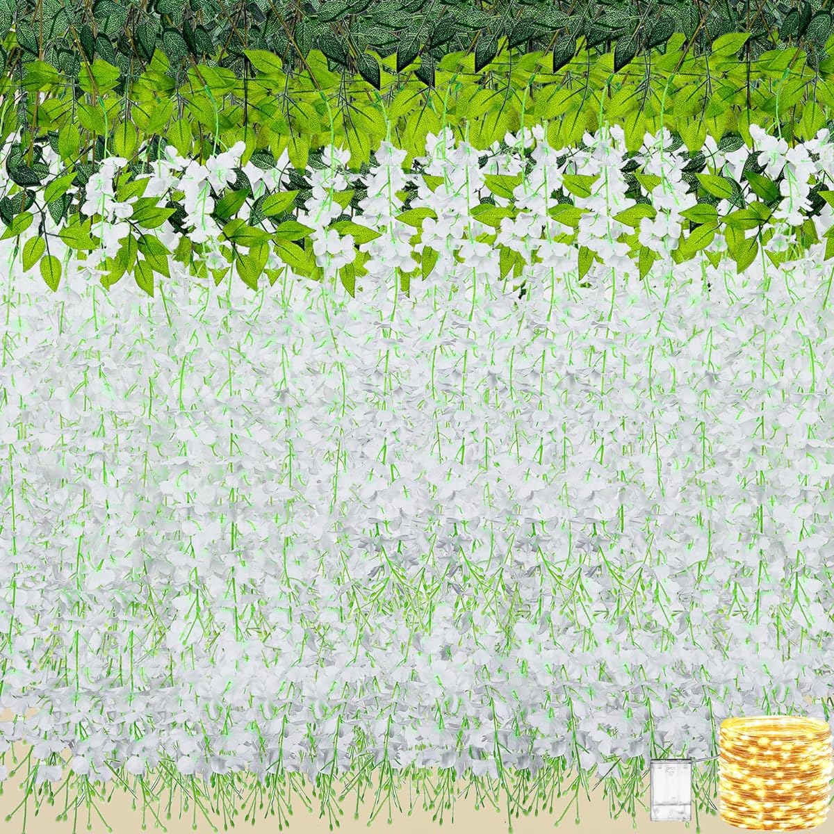 Tigeen 48 Pieces Artificial Wisteria Vines with LED Light String White Wisteria Garland Bulk Hanging Flower Garland Faux Wisteria Ivy for Garden Wedding Home Party Decoration