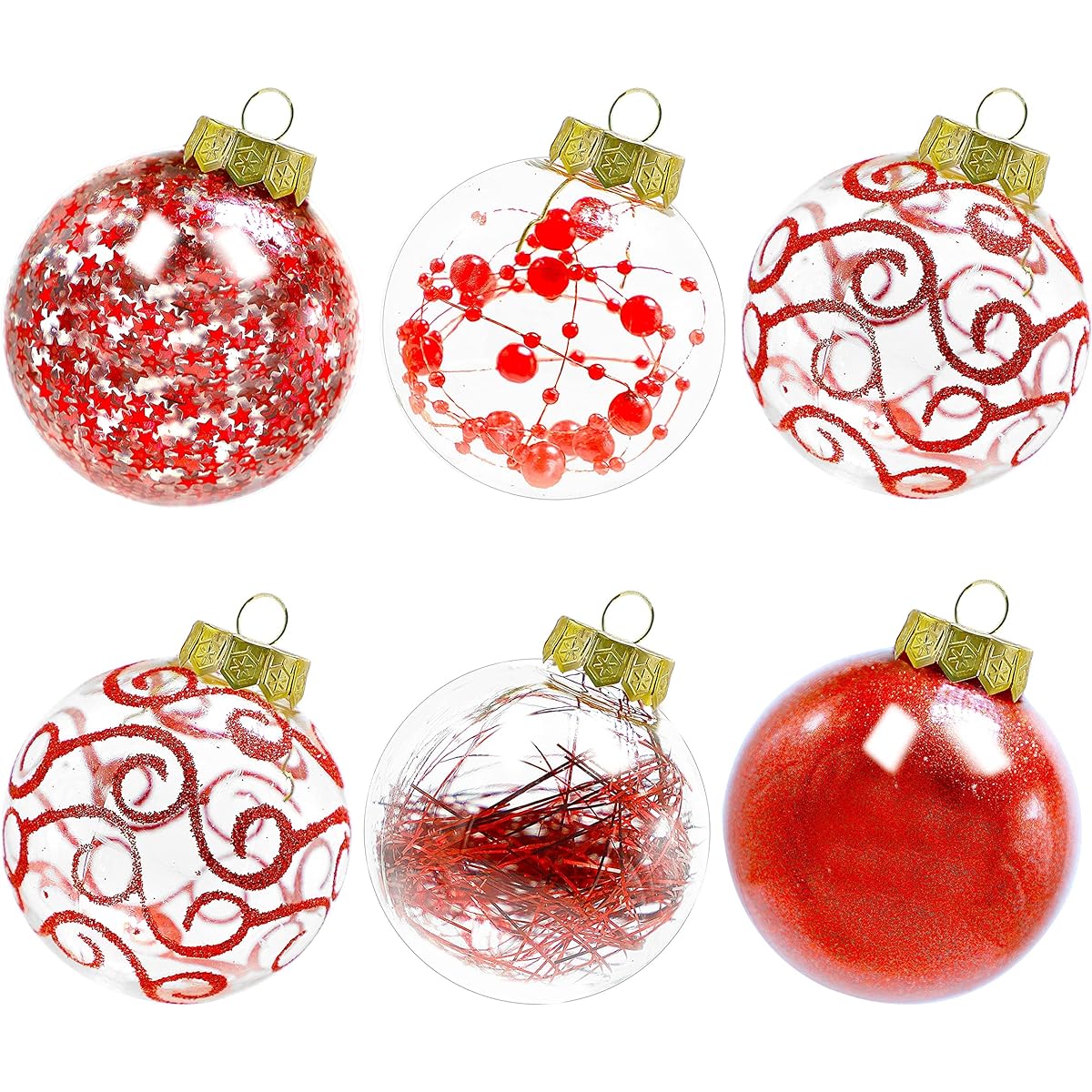 Lulu Home 30ct 2.36 Inch Clear Christmas Ball Ornaments with Unique Decorations Inside, Shatterproof Plastic Balls for Christmas Party Wreaths and Garlands Trees, Red