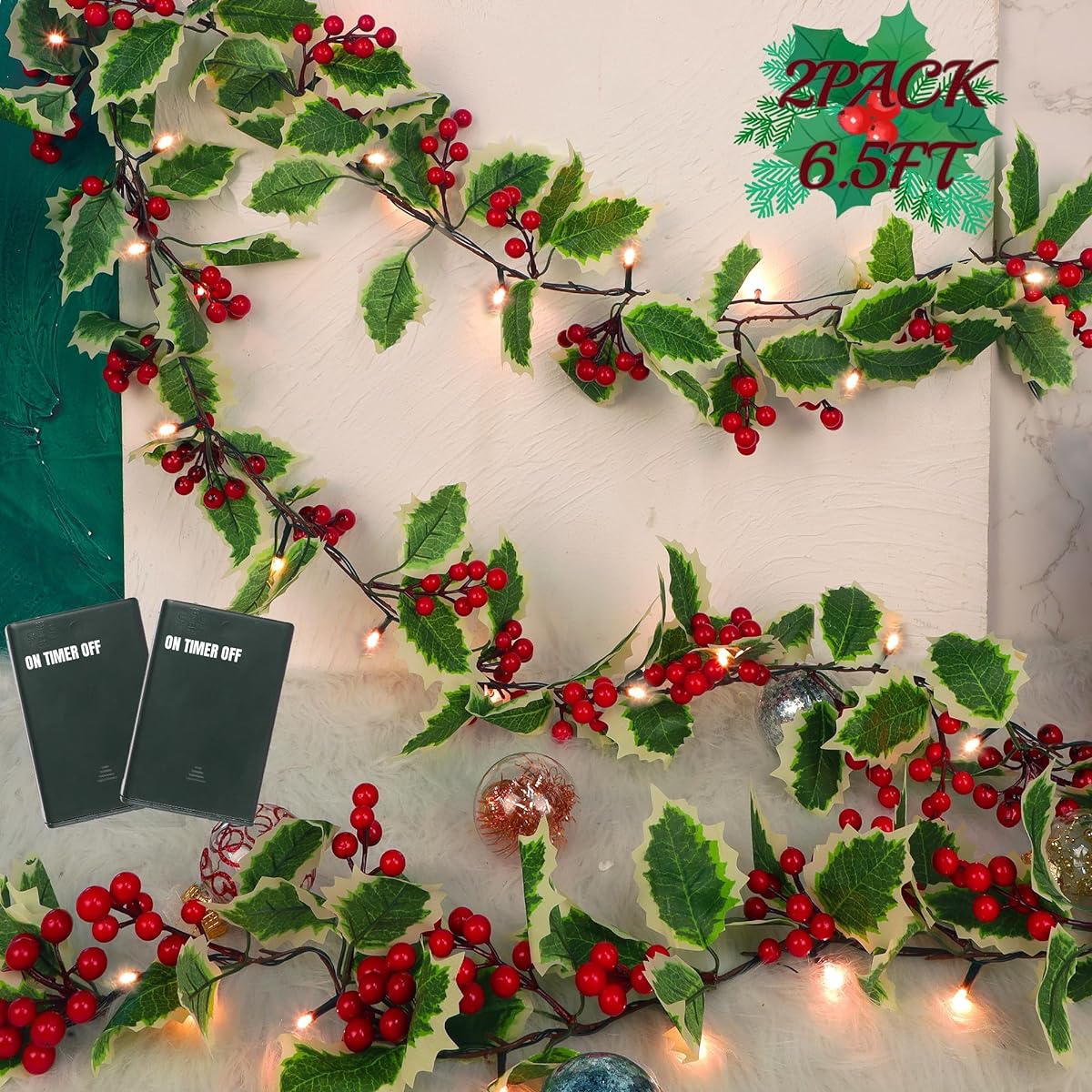 Juegoal Christmas Garland 2 Pack 6.5ft Pre-Lighted Red Berry & Holly Leaf Garland Artificial Lighting Garland Battery Operated with Timer for Indoor Outdoor Fireplace Gate Home Winter New Year Decoration