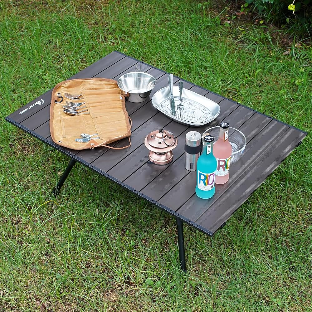 MOON LENCE Camping Table Outdoor 2 Steps Height Adjustable Aluminum Alloy Foldable Low Table BBQ Bonfire Picnic Lightweight Compact Load Capacity 30kg Storage Bag Included