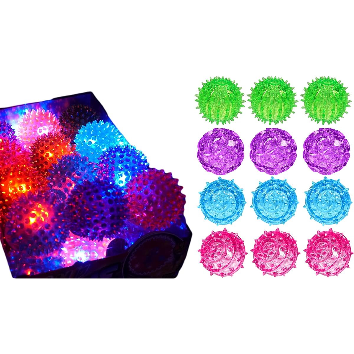 JA-RU Light Up Spike Rubber Ball (Pack) with 1 Collectible Bouncy Ball. Flashing Light Soft Colorful Cool Ball Therapy Ball 2.5 Inch | Item #695 12 Pack 987