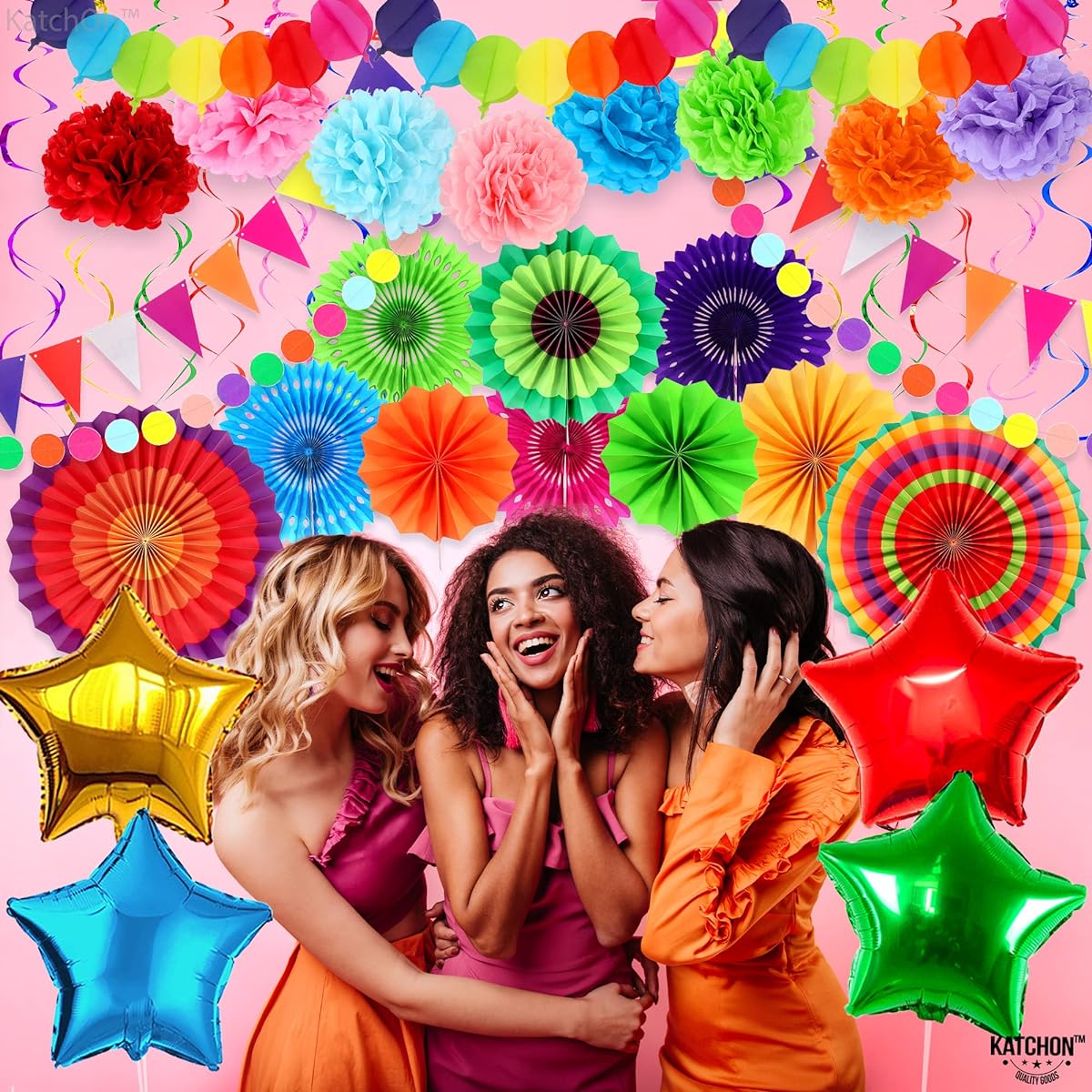 Multicolor Paper Fans, Pom Poms, Swirls, Banners & Balloons