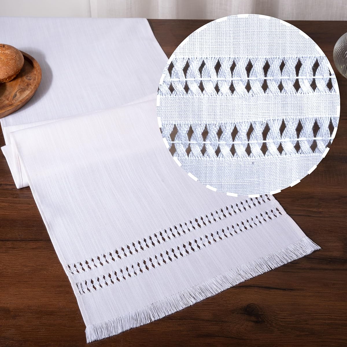 D'Moksha Chambray Cream and White Table Runner, 108" Long, Linen Table Runner, Christmas Table Runner, Heavyweight Recycled Fabric, Machine Washable, Hand Hemstitched, 14" x 108"