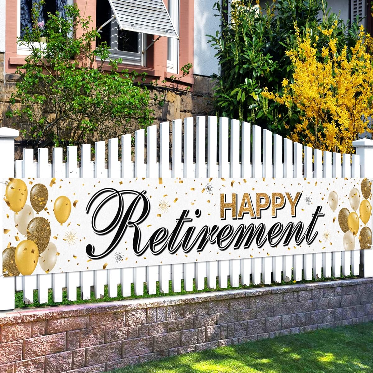 LASKYER Happy Retirement Gold Yard Sign Banner - Cheers to Retirement Home Wall Photo Prop Backdrop Farewell Party Decorations (10ft x 1.5ft)