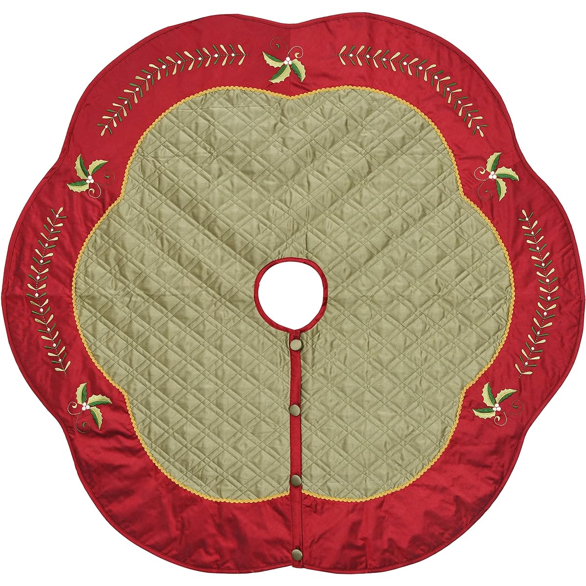 Sorrento Silk-Like Quilted Christmas Tree Skirt with Embroidered Holly Border, 50 Inch