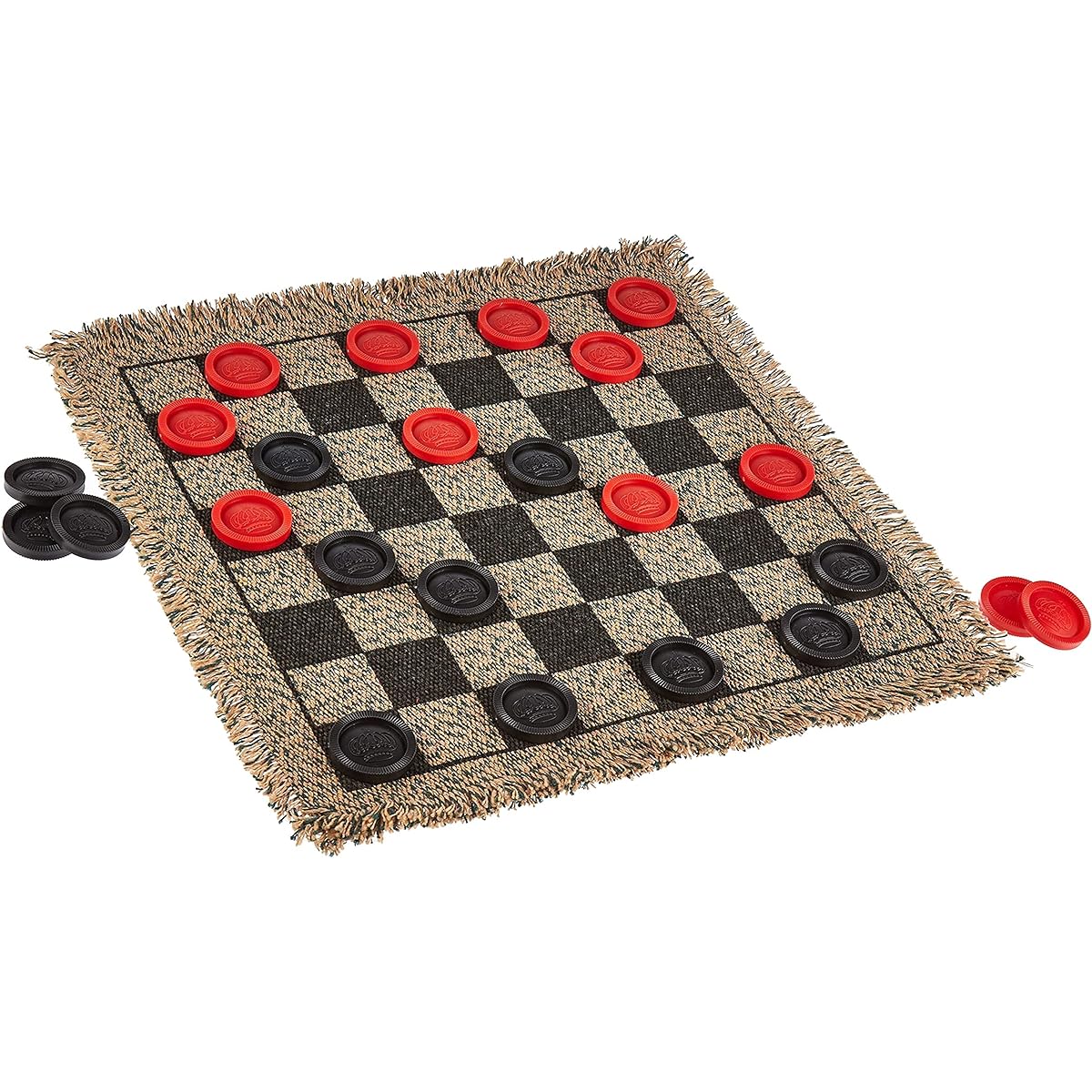 3-in-1 Mini Checkerboard Rug + Classic & Mega Tic Tac Toe - Portable Compact 12" x 12" Reversible Checkerboard Rug - Travel, Party, On-the-Go Games, Family Board Game Night