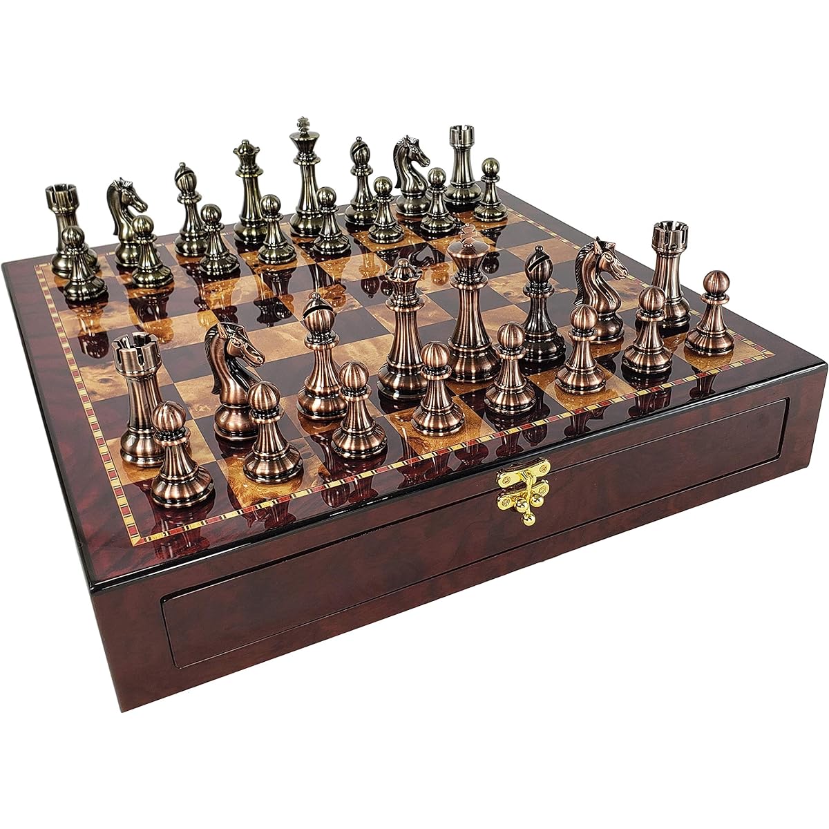 Staunton Chess Set Large Copper & Gold Finish 4 3/8" King 20" Cherry Color
