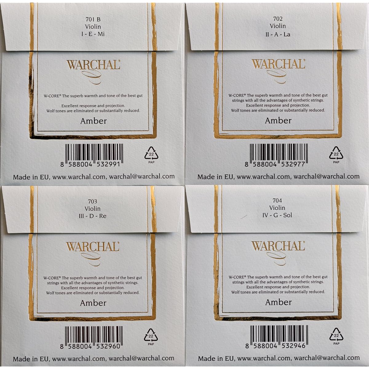 Warchal Amber Violin String Set 700B E-Plain Stainless Steel Ball Ends [Official Japanese Product]