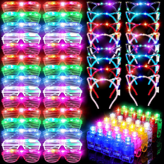 90pcs Light Up Party Supplies LED Glow Glasses Shutter Shades Finger Lights LED Cat Ear Headband LED Sunglasses Glow in the Dark Party Favors Birthday Neon Party Supplies Assorted Colors