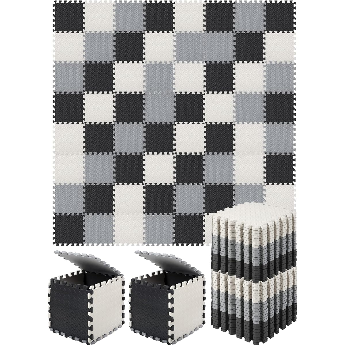 Baby Play Mats 64 Piece Interlocking Toddler Foam Mats Puzzle Play Mats Babies Square Foam Floor Mats for Gym Nursery Playroom (Black, White, Grey)