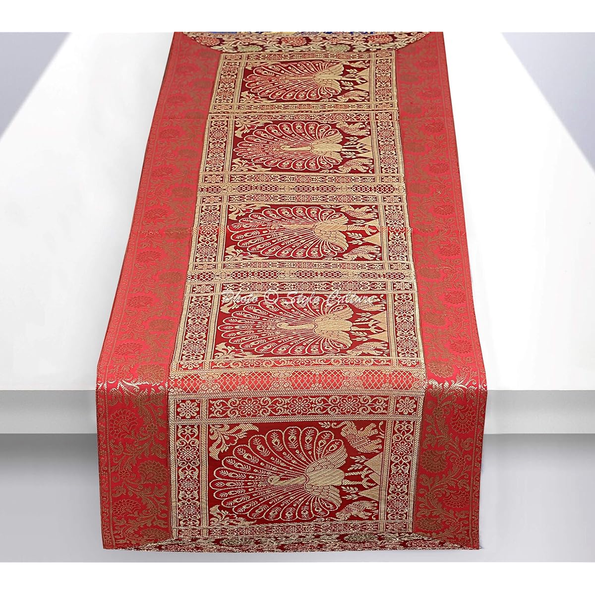 Stylo Culture Bohemian Dining Table Runner Red Gold Dancing Peacock Floral Brocade Jacquard Rectangle Home Decor Indian Coffee Tablecloth | 60x16 Inch (152x40cm)
