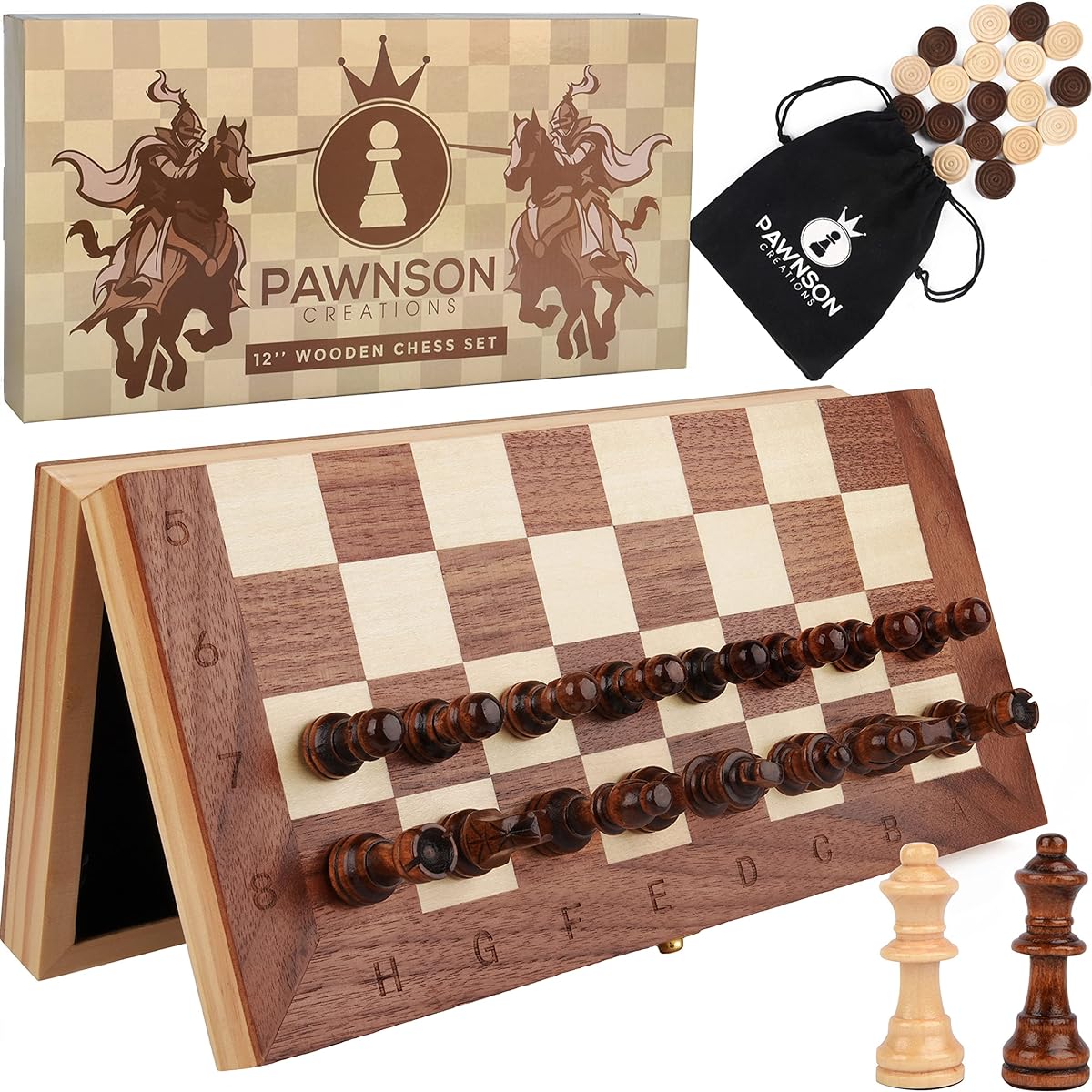 Magnetic Wooden Chess Checkers Set for Kids and Adults, 12 Piece Staunton Chess Set, Travel Portable Foldable Chess Board Game Set with Wooden Piece Storage, Unique E-Book for Beginners, 2 Extra Queens