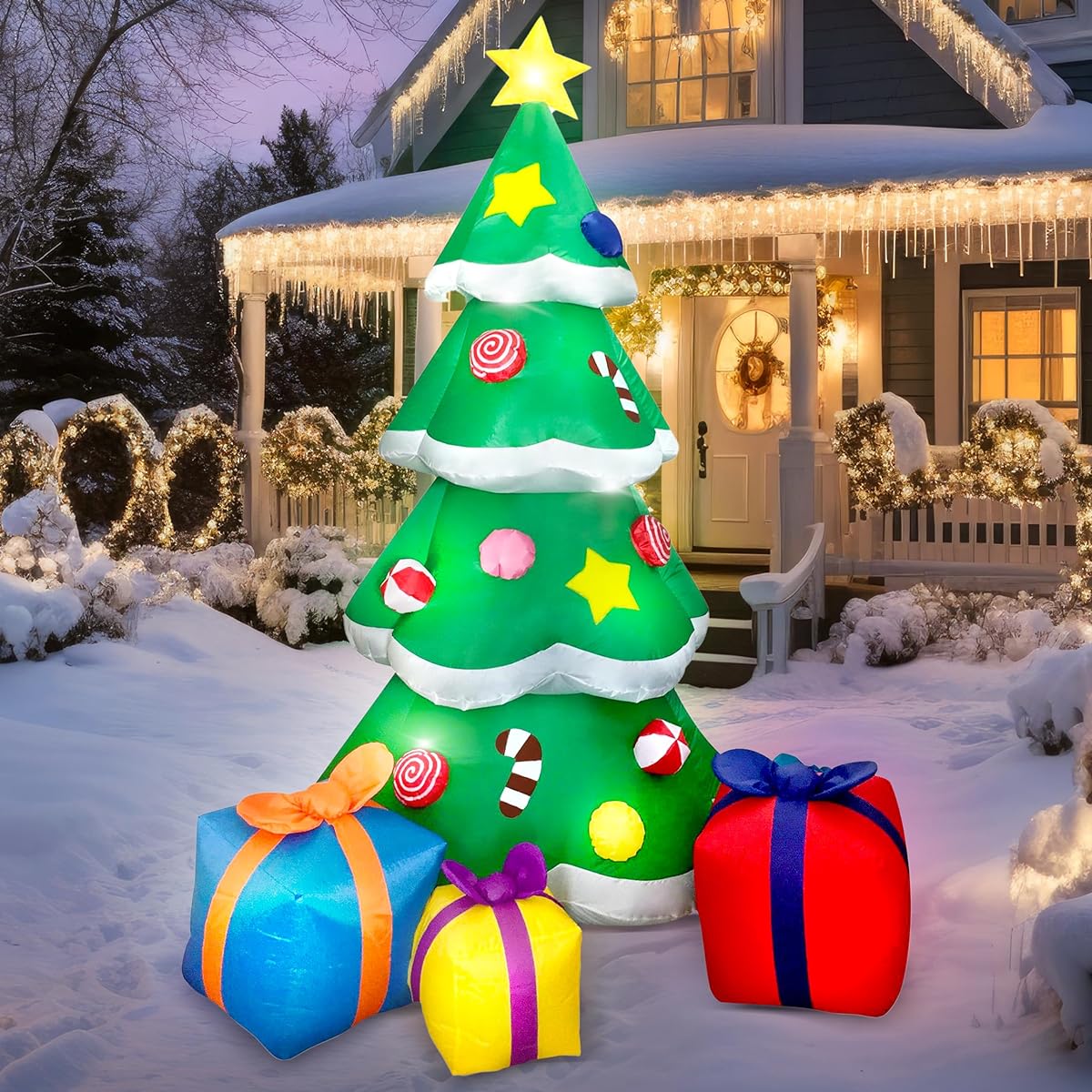 Joiedomi 7ft LED Light Up Giant Christmas Tree Inflatable with 3 Gift Packaging Boxes, Perfect for Blow Up Yard Decorations, Indoor Outdoor Yard Garden Christmas Decorations