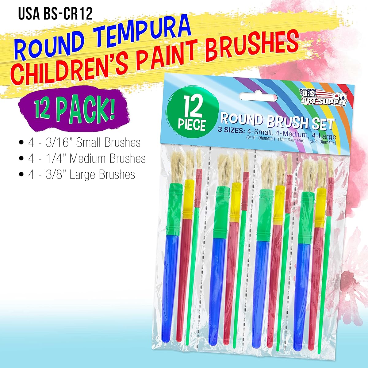 US Art Supply 12 Piece Round Children's Tempera Paint Brushes in 3 Sizes