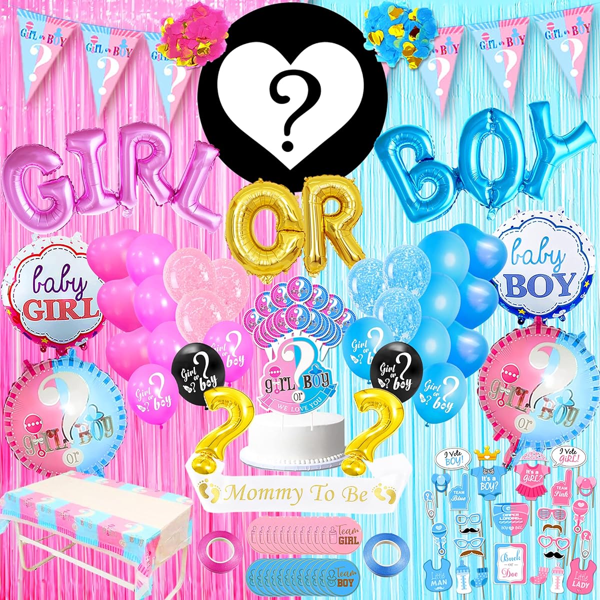 Baby Gender Reveal Party Supplies Kit - 150 Pack of All Premium Items | Pink and Blue Fringe Curtains | Banners, Balloons, Cake Topper, Photo Props, Backdrop, Tablecloth, Sash, Stickers, Swirls and More!