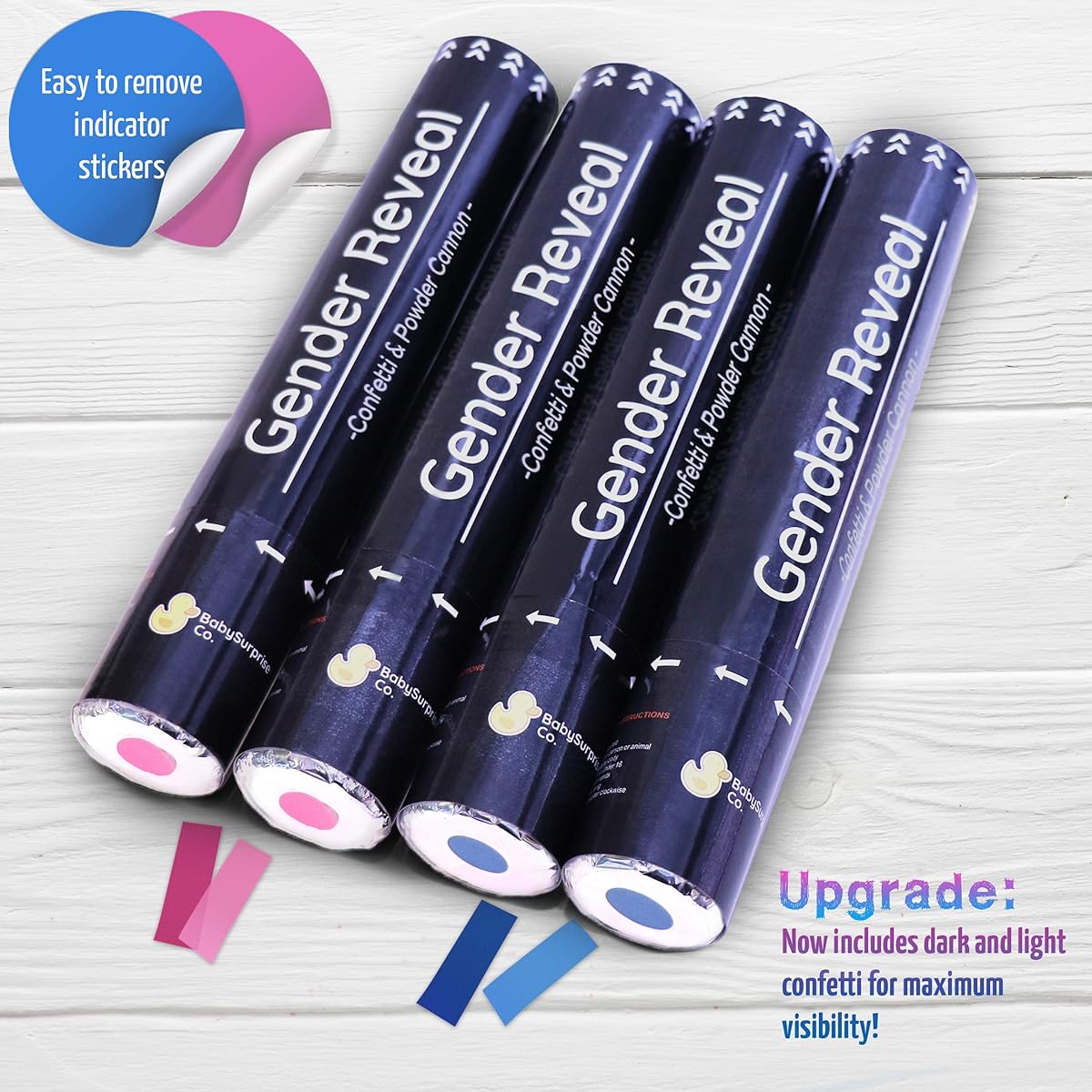 Baby Surprise Co. Gender Reveal Paper Confetti Cannon - 2 Pink and 2 Blue - Powder Smoke 100% Non-Toxic Food Grade Cornstarch - Safe and Easy to Clean Air Compressed Party Popper - Big Bright Explosions for Photo Effects