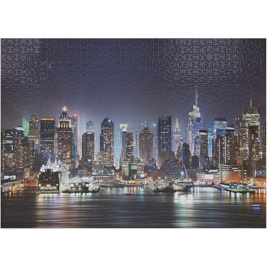 Ambesonne New York Jigsaw Puzzle Manhattan Skyline Skyscrapers at Night Tranquil River Panorama Heirloom Quality Fun Activities for the Family Durable Cardboard 1000 Pieces Blue and Orange