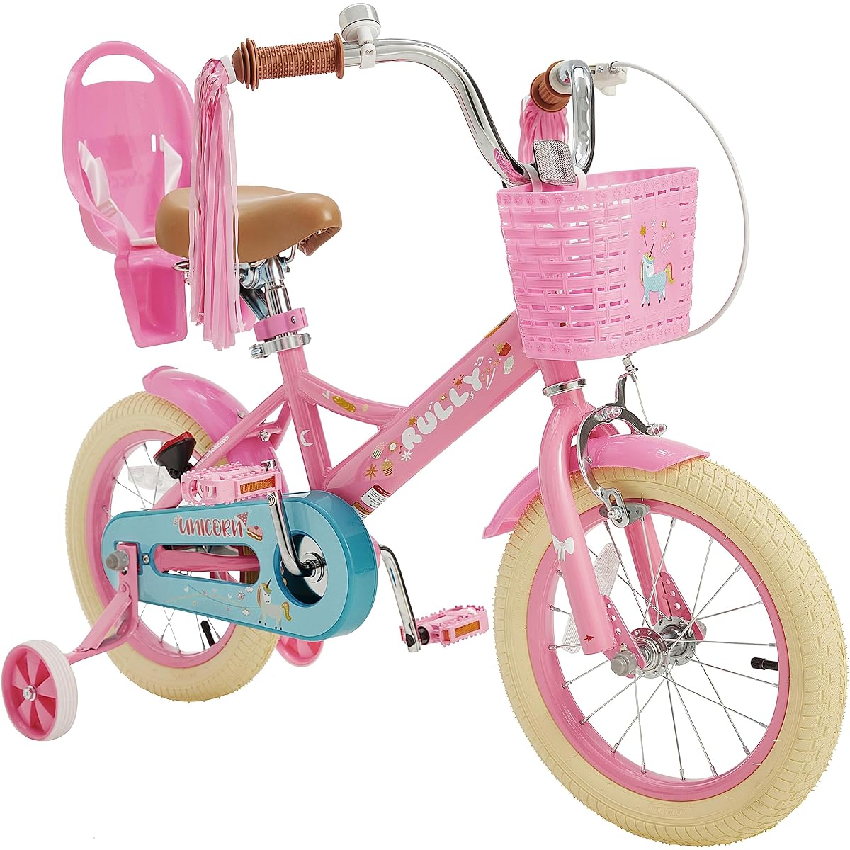 RULLY Kids Bike 12 14 16 Inch Bicycle for Girls 2-7 Years Old with Training Wheels Basket Bike Streamer for Toddlers Pink White
