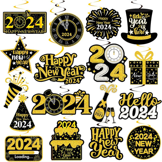 20pcs Happy New Year Hanging Swirl Decorations 2023 Happy New Year Decorations 2023 New Year's Eve Party Supplies 2023 Black and Gold New Year Foil Ceiling Decoration Home 2023 New Year Party Supplies