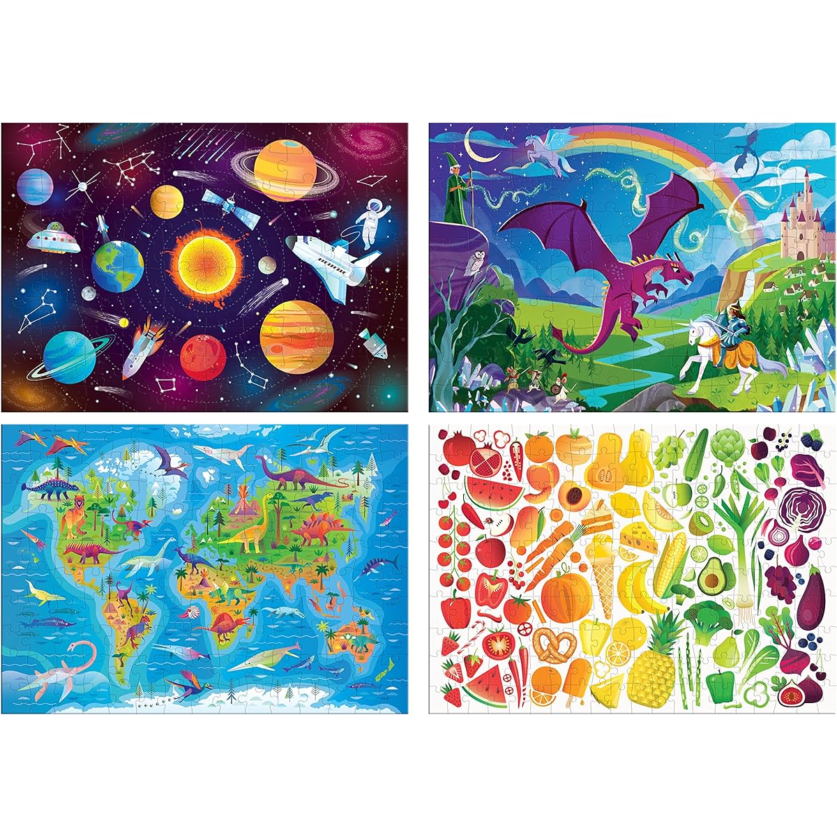 Chuckle & Roar - 4 Pack Space World Map Fantasy Food Puzzles - Large Pieces for Preschool Hands - 100 & 200 Piece Jigsaw Puzzles